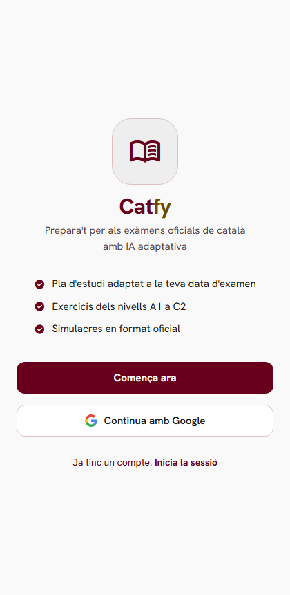 Pantalla de benvinguda de Catfy amb el pla d'estudi adaptat i l'accés amb Google