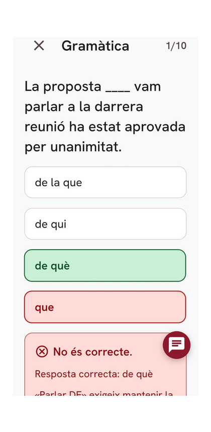 Ejercicio de gramática de Catfy con la respuesta corregida y la regla explicada