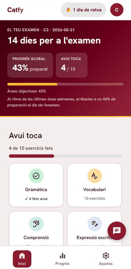 Pantalla d'inici de Catfy amb la ratxa, el compte enrere de l'examen i el progrés del dia